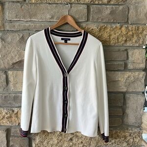 Land’s End Women's White Cardigan Sweater with Red & Navy Trim Size Medium